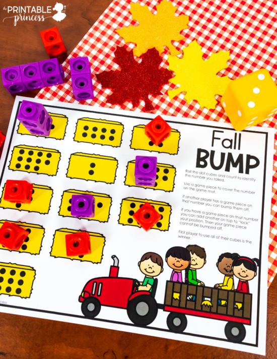 Grab these FREE BUMP game printable. Perfect for fall in Kindergarten. Just print and add dot cubes and game pieces. Students play with a partner to practice math skills like counting and one-to-one correspondence. 