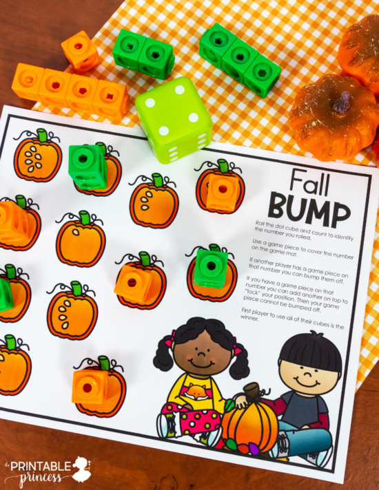 Grab these FREE BUMP game printable. Perfect for fall in Kindergarten. Just print and add dot cubes and game pieces. Students play with a partner to practice math skills like counting and one-to-one correspondence. 