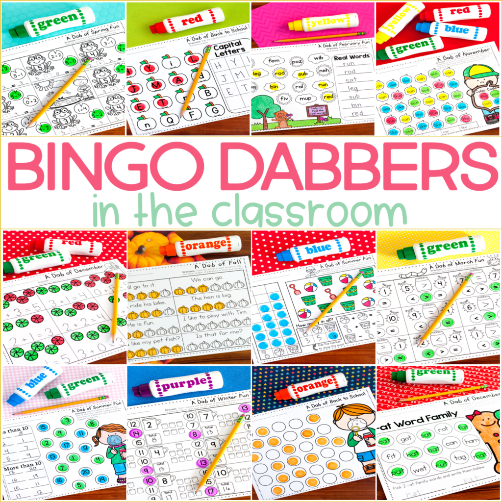 You might call them bingo dobbers, daubers, bingo markers, or dot paints. Regardless, this post is going to give you great tips for using bingo dabbers in the classroom! You'll find ideas, resources, and a FREE download to use with your classroom or homeschool students. Teachers of preschool, Kindergarten, 1st, and 2nd grade students will enjoy the tips, ideas, and teaching strategies included here. These tips are especially great for the back to school or beginning of year season!