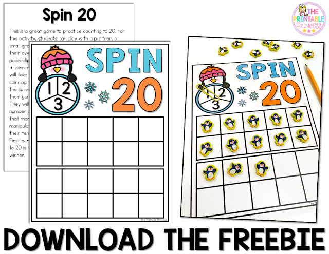 Let your preschool, Kindergarten, or 1st grade students practice their numbers to 20 with this FREE printable math center activity game! It's perfect to use all winter long - so print it out in December and use it all January too! Plus it's low prep - print, grab your manipulatives, and go!! What a great freebie for the prek, Kinder, or first graders in your classroom or homeschool! Click through to get your copy now!
