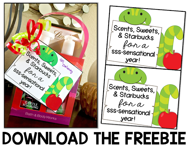 On the lookout for back to school gifts for teachers? Then check out this post! Scents, sweets, and Starbucks make this sssssensational! Plus there's a FREE download included! It's the perfect gift for your child's teacher, a teaching colleague, your paraprofessional or aide, the school secretary, janitor, principal, speech pathologist, special teachers, or ANYONE who works at the school! Click through now to get your FREEBIE! {preschool, Kindergarten, 1st, 2nd, 3rd, 4th, 5th, or 6th grade!}