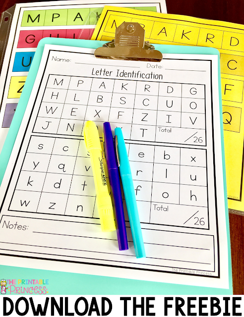Letter recognition is an important component in PreK and Kindergarten classrooms. Stop by and pick up a FREE letter assessment tool. Plus you'll also find in this post loads of ideas for alphabet practice. Easy and practical activities to help teach your Kindergarten students letter recognition. You'll find low prep activities, games, pocket chart activities, printables, and more. 