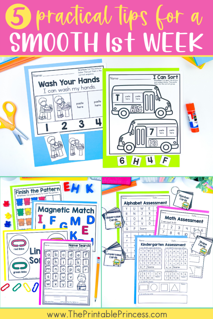 First week of kindergarten activities- wash your hands activity, school b us sort, kindergarten assessments, activity mats for patterns, letters, and colors