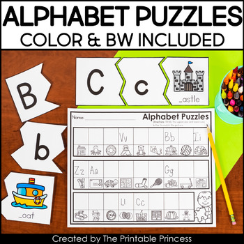 Alphabet Puzzle Center | Includes BW Version & Recording Sheet