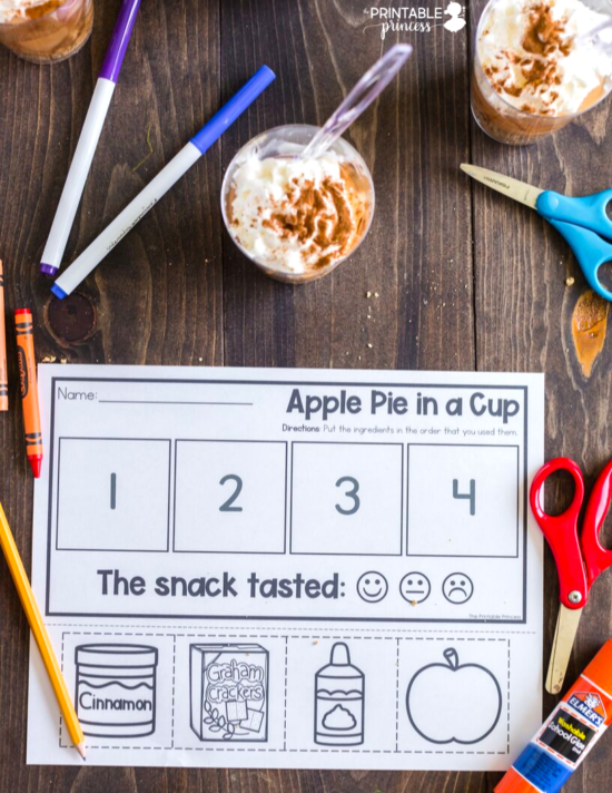 Apple Pie in a Cup is the perfect snack to end Apple Week in PreK, Kindergarten, or First Grade. The recipe is simple and perfect for classroom "cooking". Click through to get a read aloud suggestion as well as a free printable that make this a yummy "snack-tivity"!