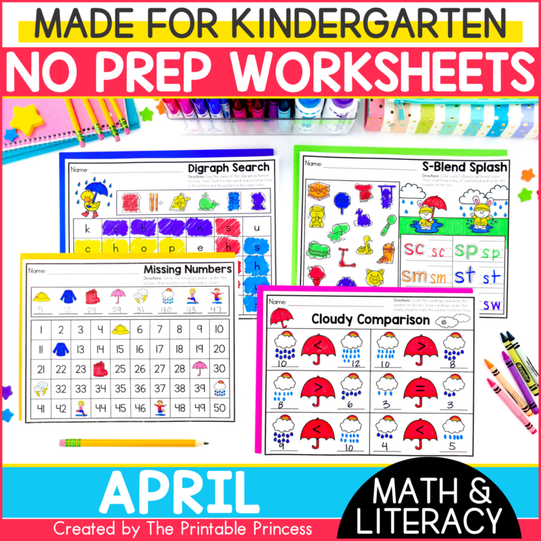 April Literacy and Math Worksheets for Kindergarten