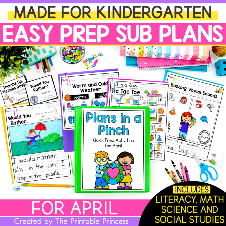 April Emergency Sub Plans for Kindergarten