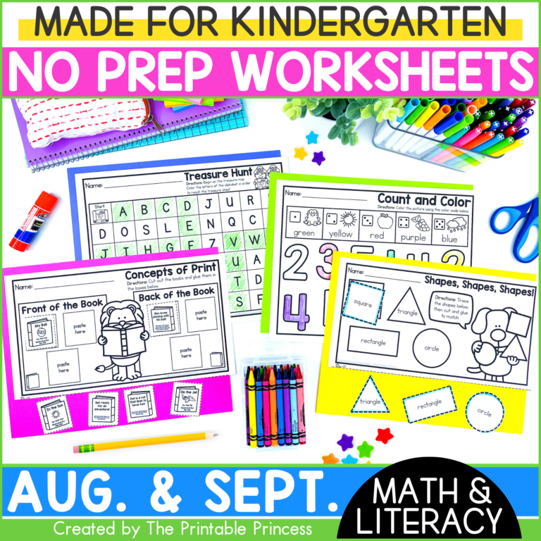 Back to School Literacy and Math Worksheets for Kindergarten August & September