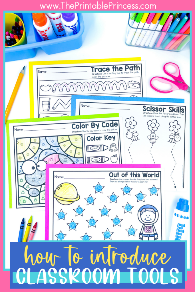Tracing, scissor skills, bingo dabber, and color by code classroom supplies for kindergarten practice activities