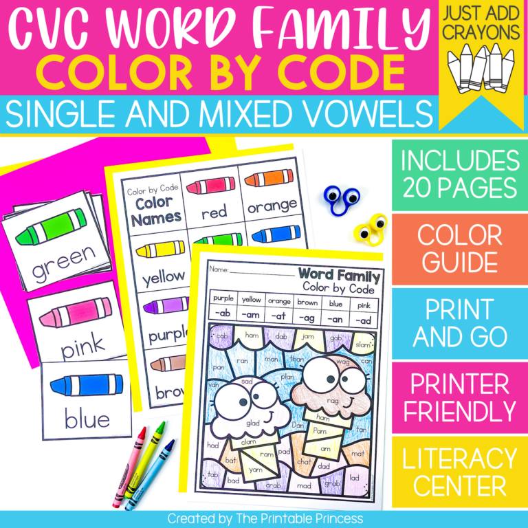 Color by Code CVC Word Families Worksheets