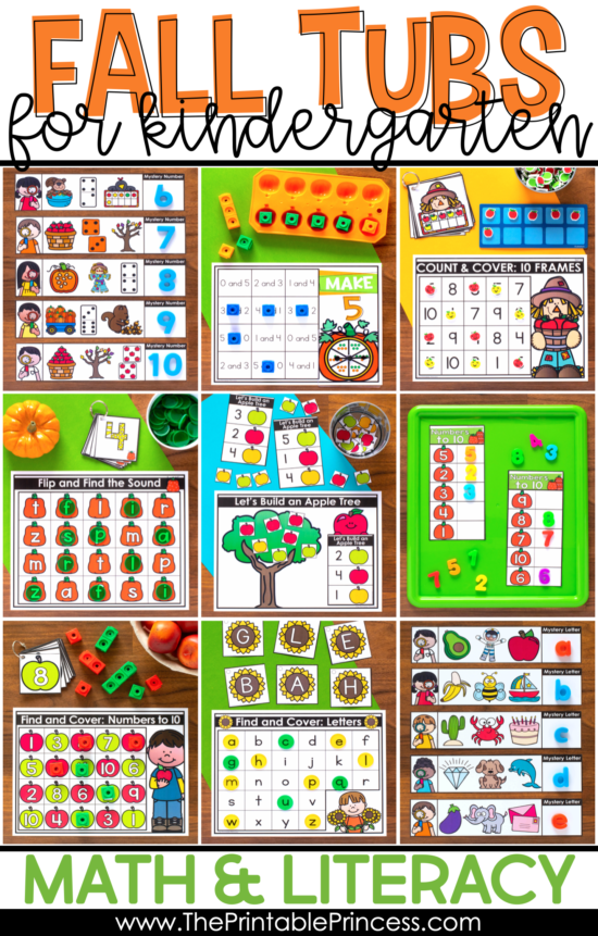 These Fall tubs for Kindergarten are full of hands-on math and literacy activities to help get your students ready for a day of learning. There is 22 hands-on Kindergarten appropriate activities to make your classroom mornings easier. Skills include counting, subitizing, ten frames, number recognition, letter recognition, beginning sounds, fine motors, and more. Themes include pumpkins, sunflowers, scarecrows, apples and leaves - all perfect for fall in Kindergarten!