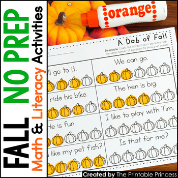 Fall kindergarten pumpkin unit cvc sight word math practice