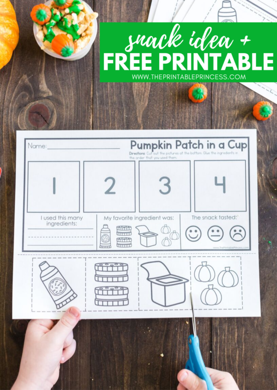 Pumpkin Patch in a Cup is an adorable festive fall snack idea for kids. It's great to make after a trip to the pumpkin patch or just because. This pumpkin themed fall snack makes a great treat for home or school! The ingredients are simple and there's no baking required which makes it perfect for classroom parties. This fun fall snack for kids is perfect for PreK, Kindergarten, or first grade. Grab step-by-step directions and a free no-prep sequencing printable to use as a follow up page. 