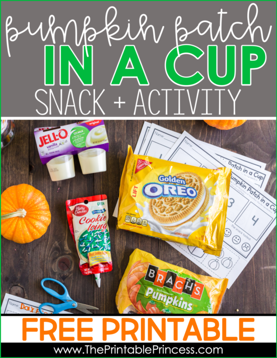 Pumpkin Patch in a Cup is an adorable festive fall snack idea for kids. It's great to make after a trip to the pumpkin patch or just because. This pumpkin themed fall snack makes a great treat for home or school! The ingredients are simple and there's no baking required which makes it perfect for classroom parties. This fun fall snack for kids is perfect for PreK, Kindergarten, or first grade. Grab step-by-step directions and a free no-prep sequencing printable to use as a follow up page. 