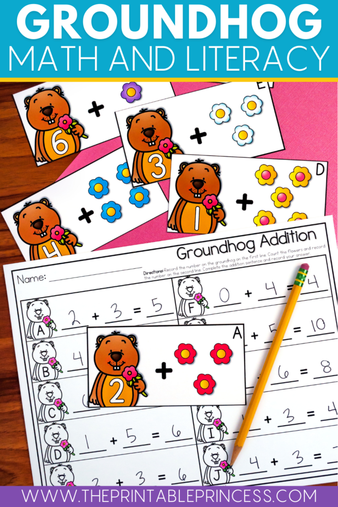Groundhog Day math and literacy centers for kindergarten