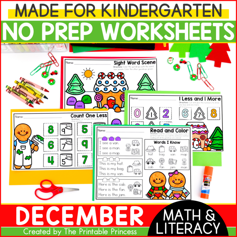 December Literacy and Math Worksheets for Kindergarten