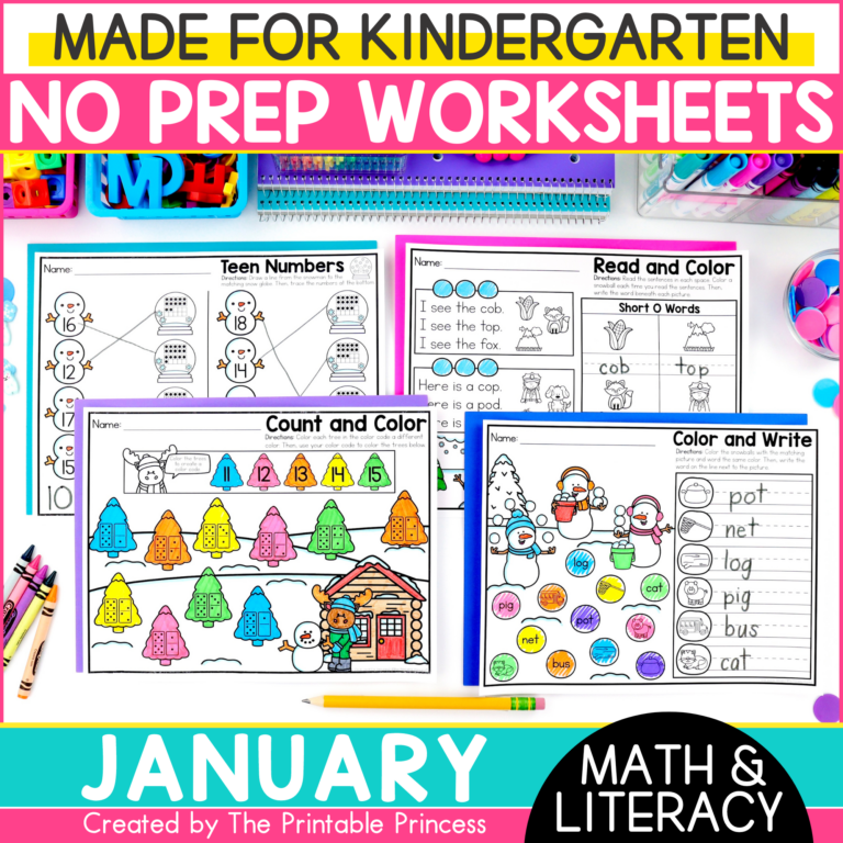 January Literacy and Math Worksheets for Kindergarten