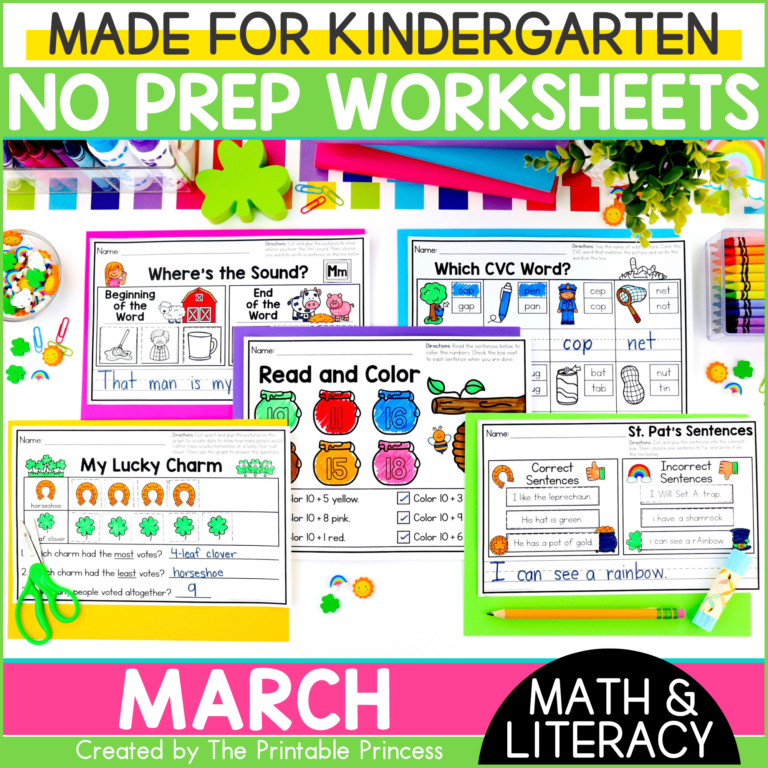 March Literacy and Math Worksheets for Kindergarten