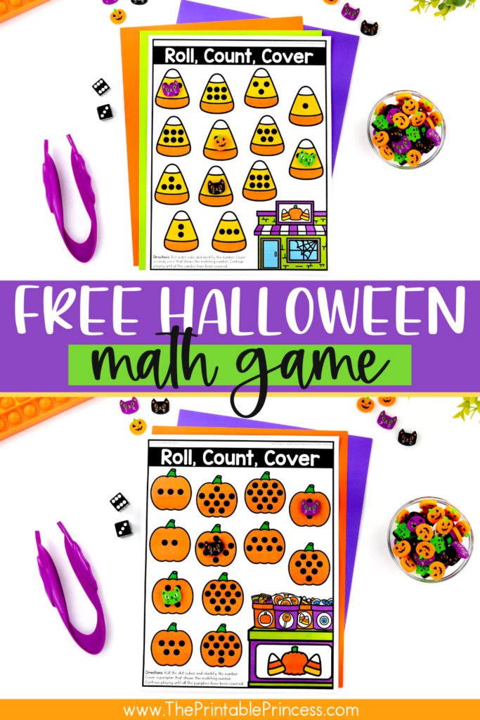 Free Roll, Count, and Cover Halloween Math Game for Kindergarten 