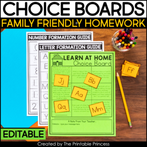 Kindergarten homework choice boards