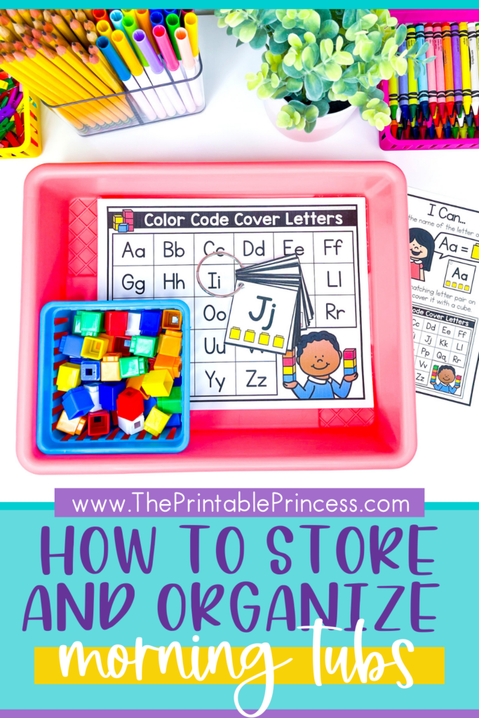 Organizing morning tubs for kindergarten in colored trays with small baskets inside for manipulatives