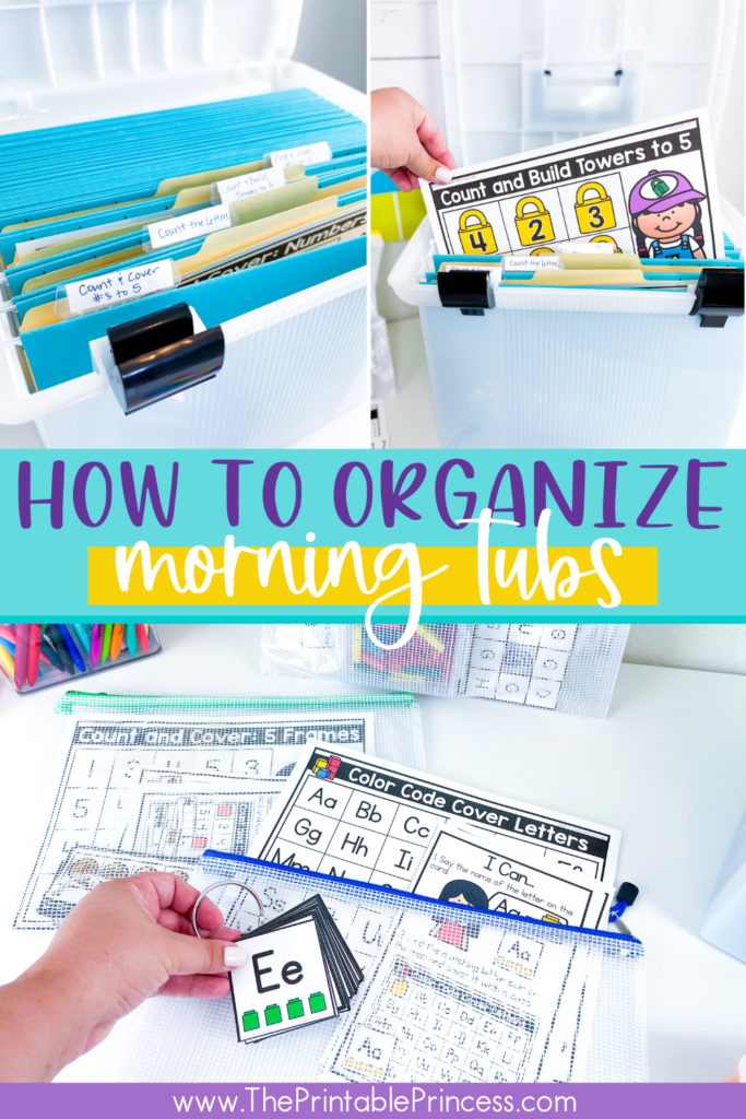 Storing and organizing kindergarten morning tubs in crates/bins and mesh zipper pouches