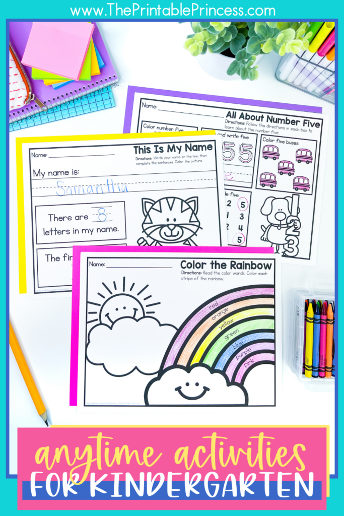 No prep name writing, rainbow coloring, and number learning activities for kindergarten