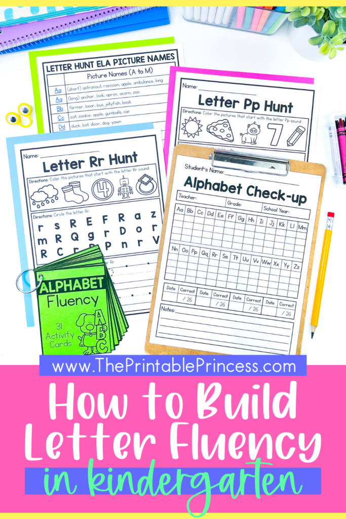 Letter fluency cards, letter hunt pages, and student assessment