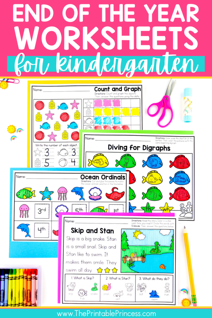 Image says "end of the year worksheets for kindergarten".