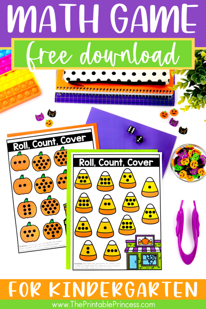 Free Roll, Count, and Cover Halloween Math Game for Kindergarten 