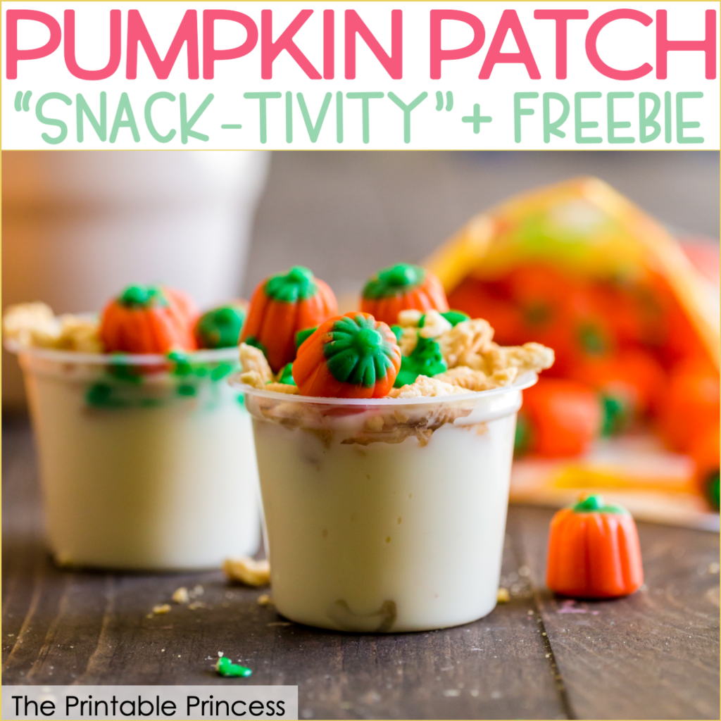Pumpkin Patch in a Cup is an adorable festive fall snack idea for kids. It's great to make after a trip to the pumpkin patch or just because. This pumpkin themed fall snack makes a great treat for home or school! The ingredients are simple and there's no baking required which makes it perfect for classroom parties. This fun fall snack for kids is perfect for PreK, Kindergarten, or first grade. Grab step-by-step directions and a free no-prep sequencing printable to use as a follow up page.