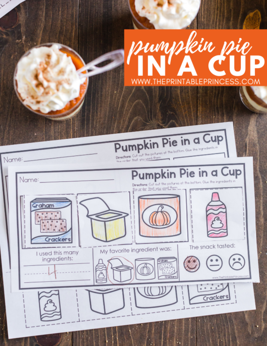 Pumpkin Pie in a Cup is the perfect snack for PreK, Kindergarten, or First Grade during the month of November. It's great for a Fun Food Friday activity or a classroom Thanksgiving feast. The recipe is simple and perfect for classroom "cooking" - there's no baking required. Click through to get directions as well as a free printable that make this a yummy "snack-tivity"!