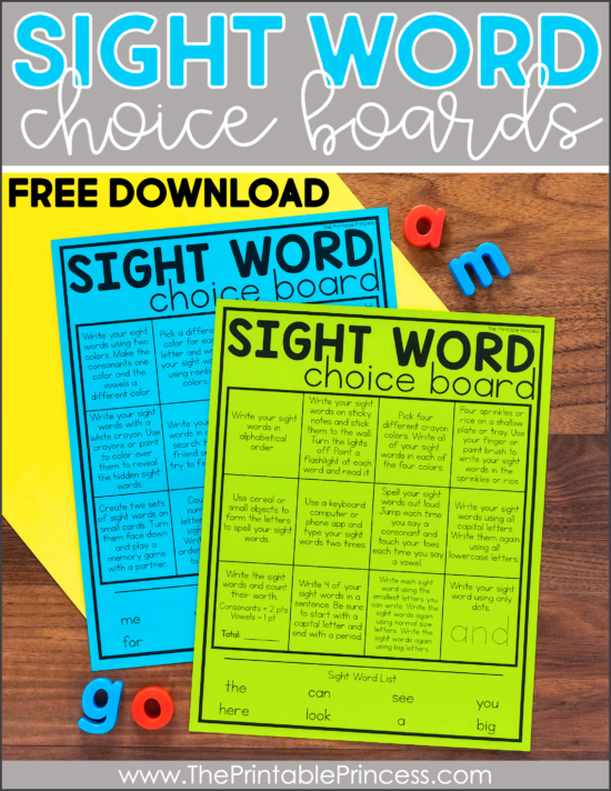 sight word choice board activities