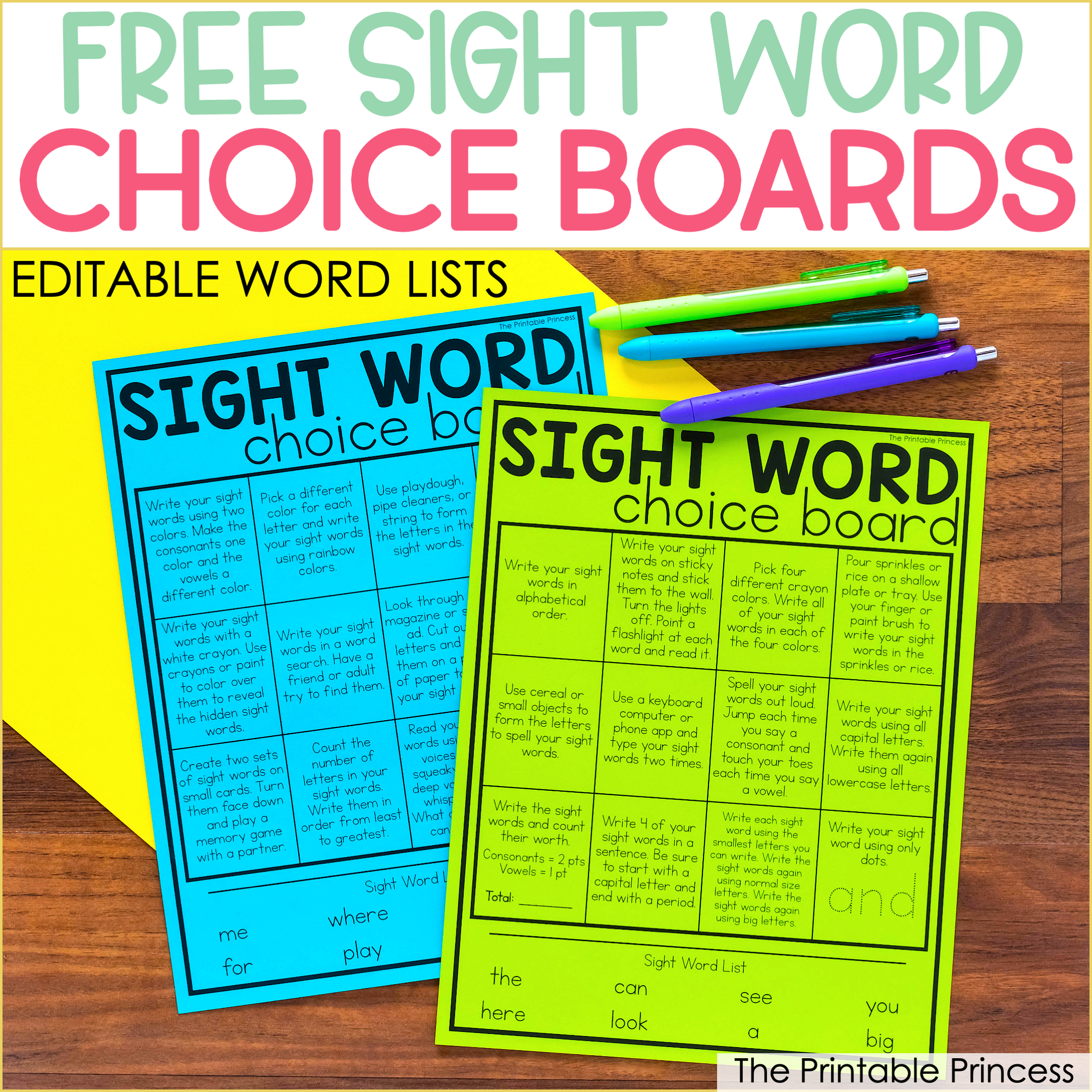 Free Editable Sight Word Choice Boards for Kindergarten