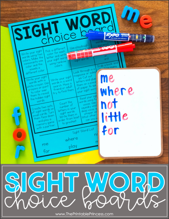 sight word choice board activities