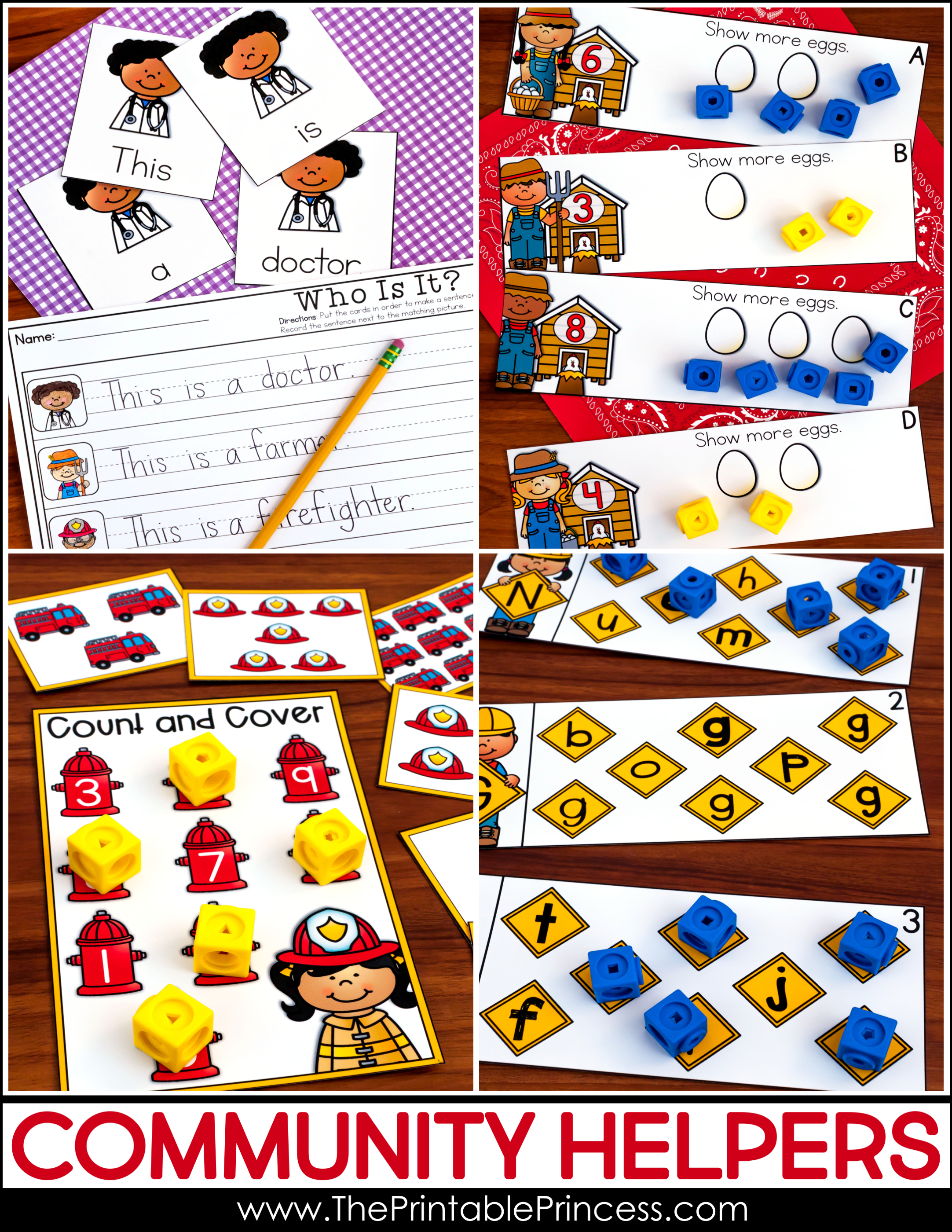 Community helpers activities with a freebie! If you're planning a Kindergarten community helpers unit, you'll want to check this post out. Click to find read aloud suggestions, center ideas, and a community helpers freebie!