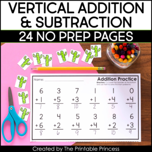Vertical Addition & Subtraction Worksheets {With Cut Apart Counters}