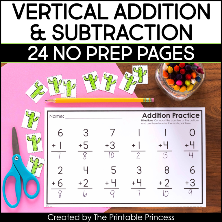 Vertical Addition & Subtraction Worksheets {With Cut Apart Counters}